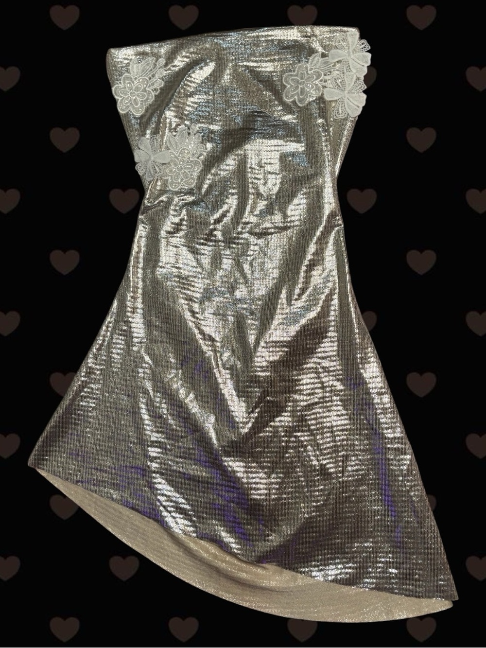 Gold Metallic Shimmer Tube Mini Dress Asymmetrical Floral Open Back